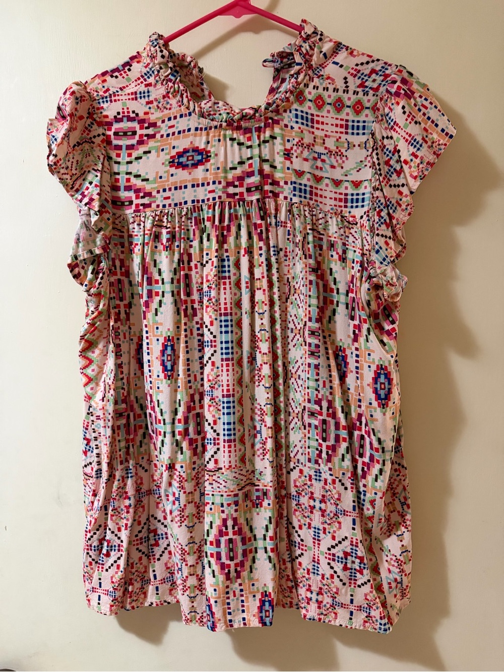 Pink Multicolor Printed Ruffle-Sleeve Blouse